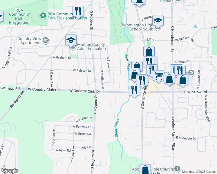 map of restaurants, bars, coffee shops, grocery stores, and more near 320 West Country Club Drive in Bloomington