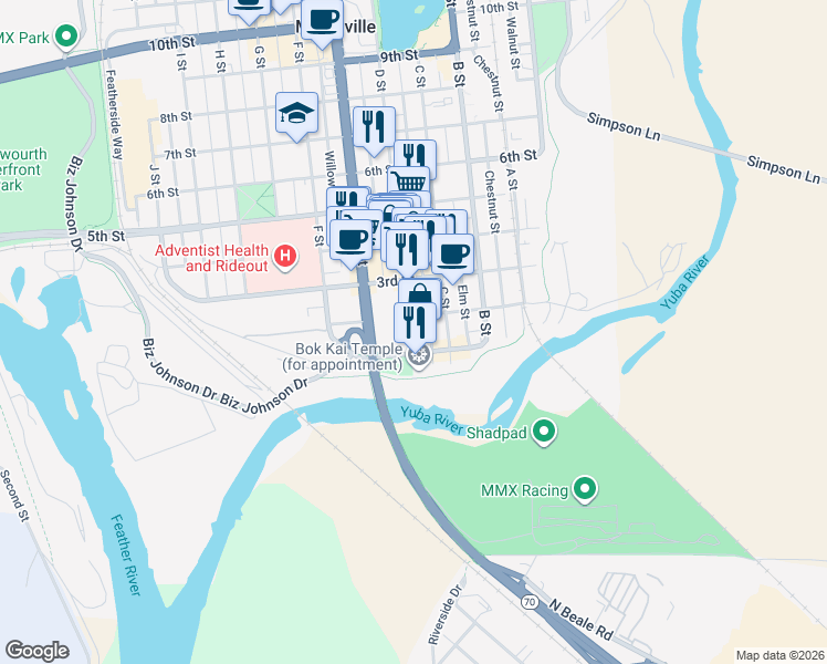 map of restaurants, bars, coffee shops, grocery stores, and more near 119 D Street in Marysville