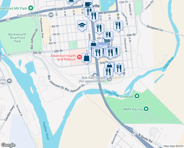 map of restaurants, bars, coffee shops, grocery stores, and more near 131 F Street in Marysville