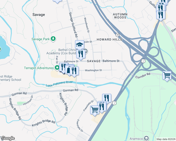 map of restaurants, bars, coffee shops, grocery stores, and more near Washington Street in Savage