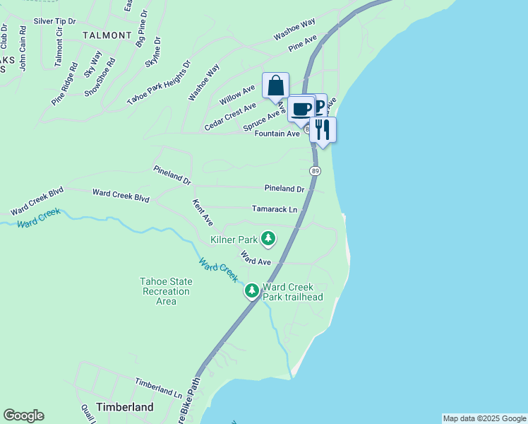 map of restaurants, bars, coffee shops, grocery stores, and more near 355 Tamarack Lane in Tahoe City