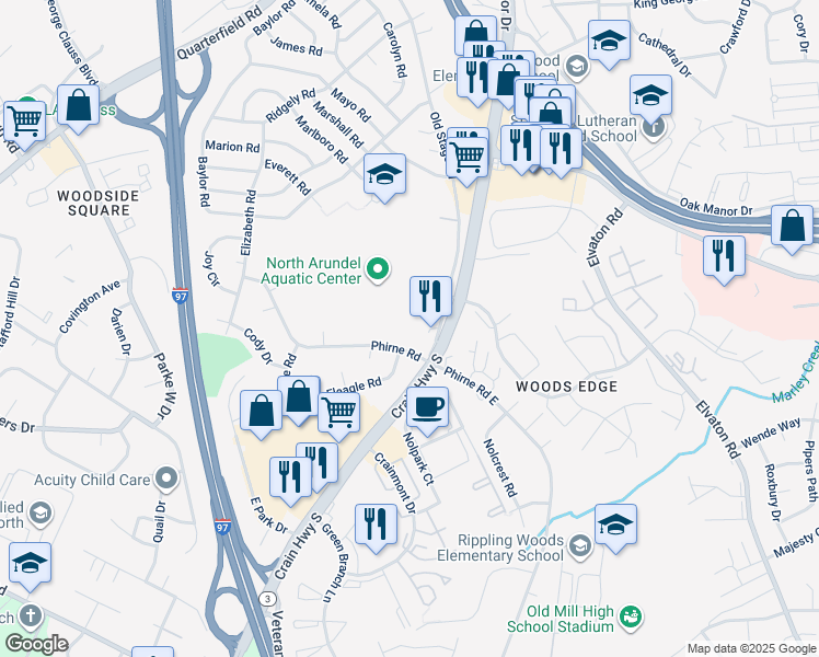 map of restaurants, bars, coffee shops, grocery stores, and more near 7892 Crain Highway in Glen Burnie