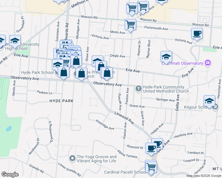 map of restaurants, bars, coffee shops, grocery stores, and more near 1355 Cryer Avenue in Cincinnati