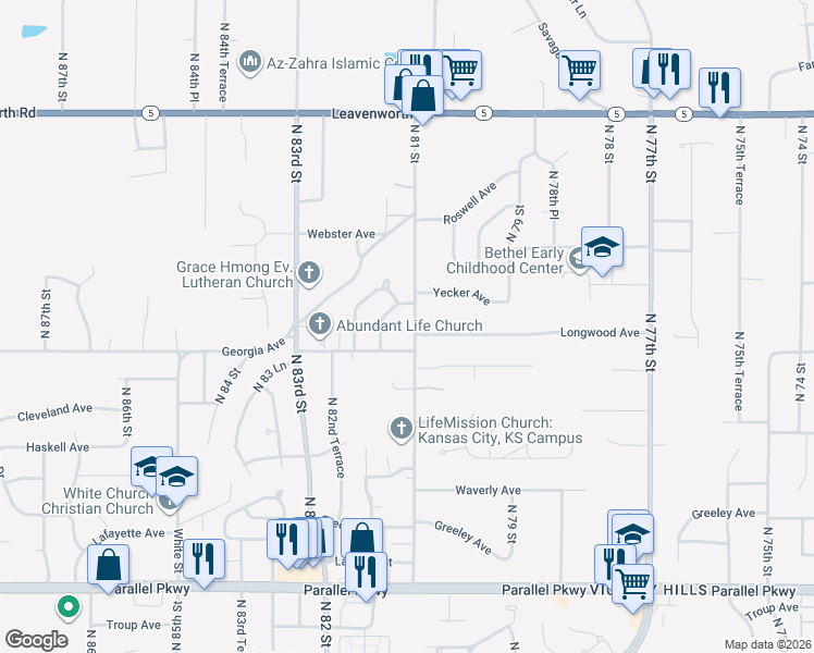 map of restaurants, bars, coffee shops, grocery stores, and more near 2704 North 81 Street in Kansas City