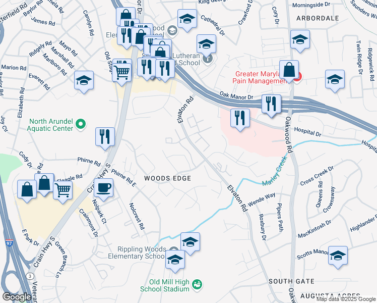 map of restaurants, bars, coffee shops, grocery stores, and more near 7906 Silent Shadow Court in Glen Burnie