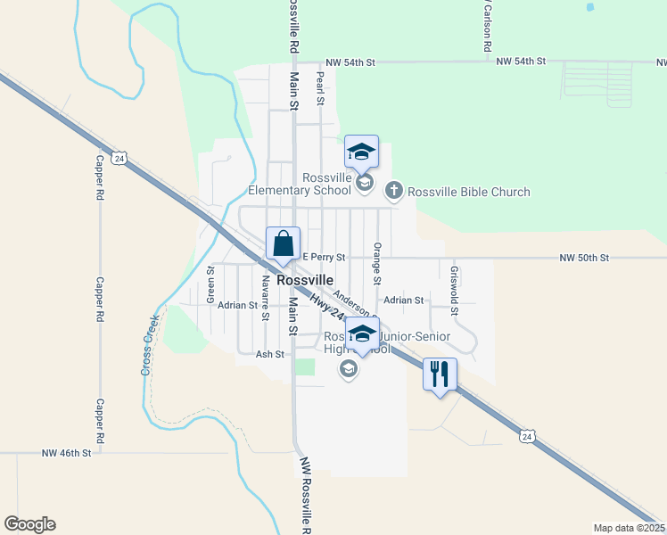 map of restaurants, bars, coffee shops, grocery stores, and more near 506 Pearl Street in Rossville