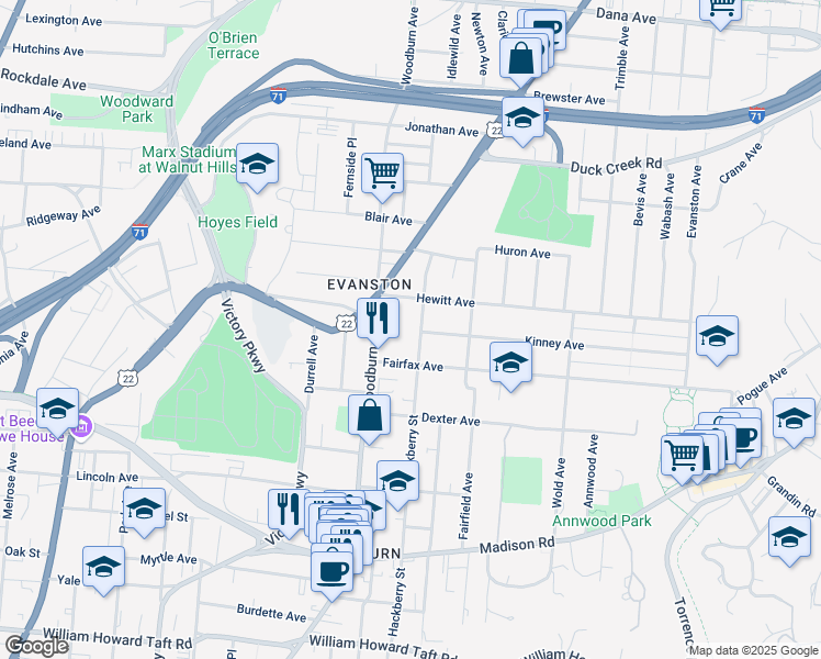 map of restaurants, bars, coffee shops, grocery stores, and more near 3227 Hackberry Street in Cincinnati