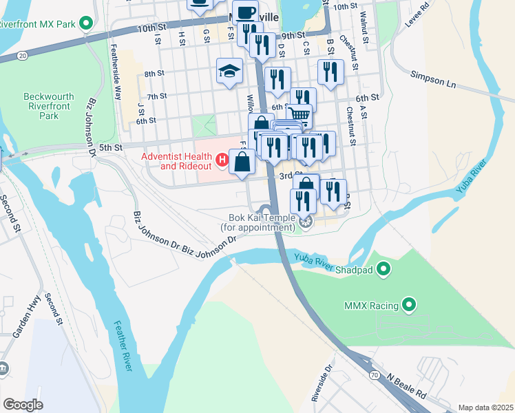 map of restaurants, bars, coffee shops, grocery stores, and more near 131 F Street in Marysville