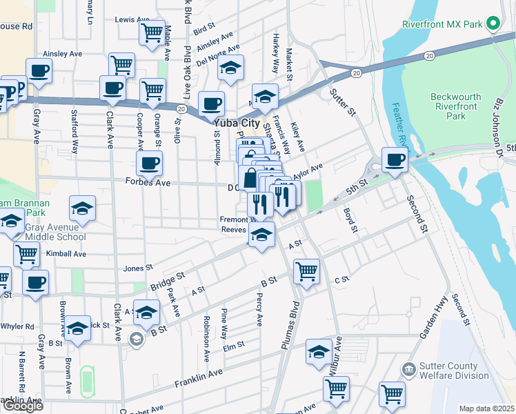 map of restaurants, bars, coffee shops, grocery stores, and more near 533 Scott Street in Yuba City