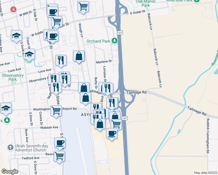 map of restaurants, bars, coffee shops, grocery stores, and more near 600 Talmage Frontage Road in Ukiah