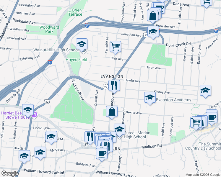 map of restaurants, bars, coffee shops, grocery stores, and more near 3152 Harvard Avenue in Cincinnati