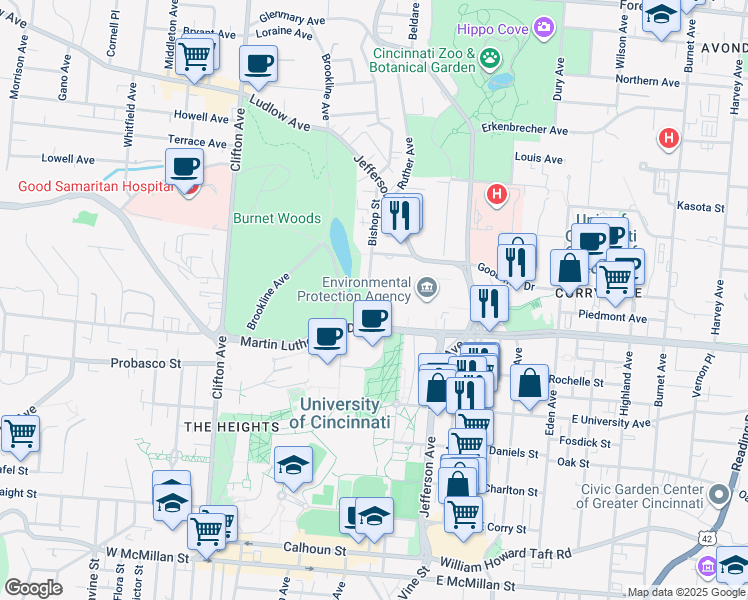 map of restaurants, bars, coffee shops, grocery stores, and more near 3130 Bishop Street in Cincinnati