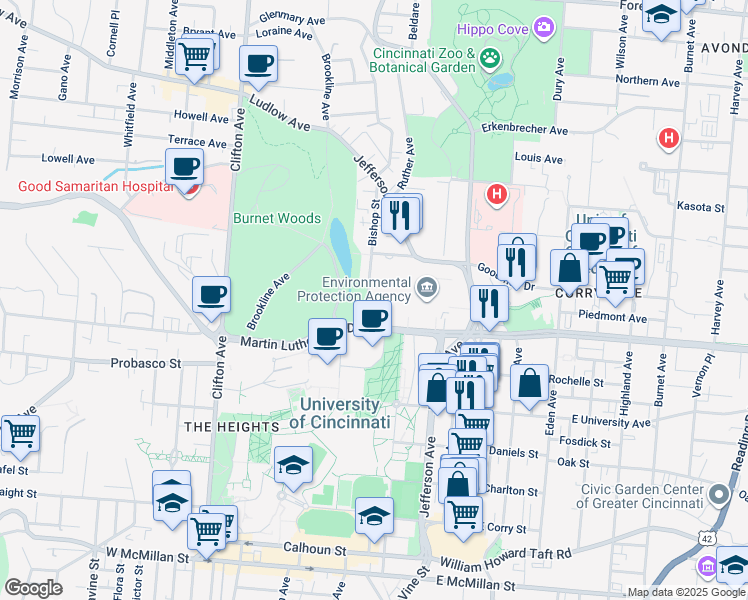 map of restaurants, bars, coffee shops, grocery stores, and more near 3130 Bishop Street in Cincinnati