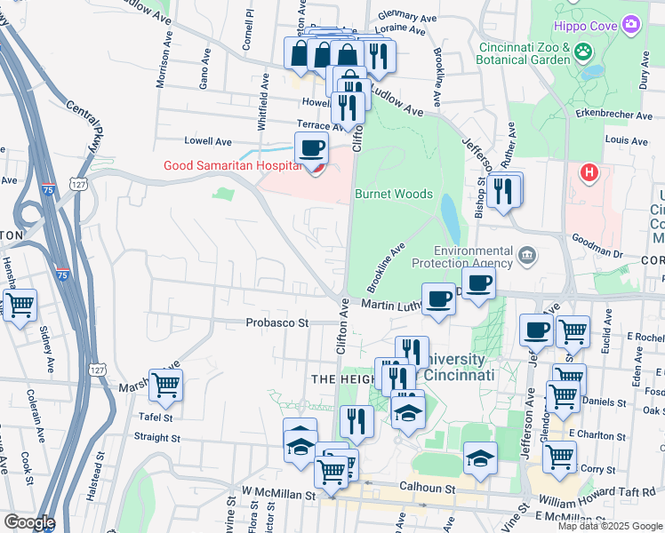 map of restaurants, bars, coffee shops, grocery stores, and more near 3033 Clifton Avenue in Cincinnati