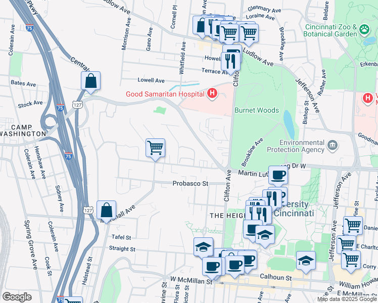 map of restaurants, bars, coffee shops, grocery stores, and more near 476 Riddle Road in Cincinnati