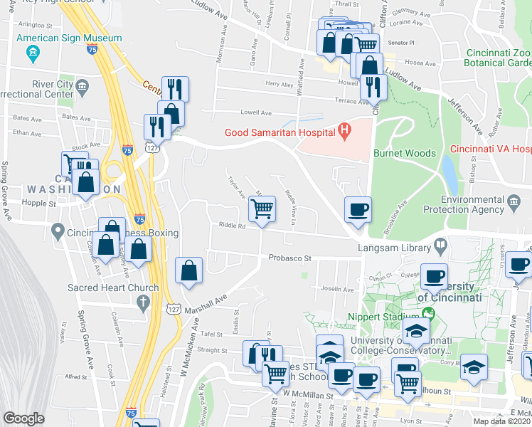 map of restaurants, bars, coffee shops, grocery stores, and more near 3015 Marshall Avenue in Cincinnati