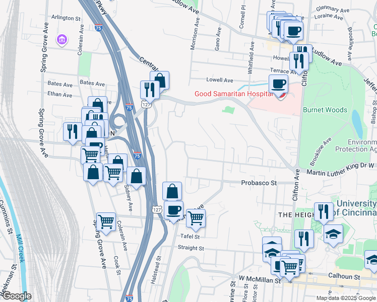 map of restaurants, bars, coffee shops, grocery stores, and more near 678 Riddle Road in Cincinnati