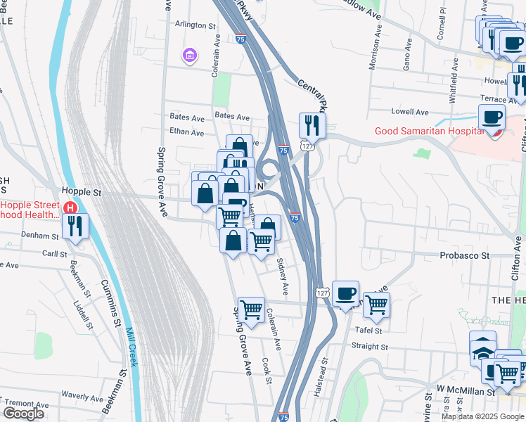 map of restaurants, bars, coffee shops, grocery stores, and more near 2953 Sidney Avenue in Cincinnati