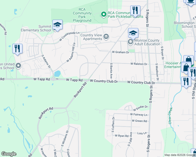 map of restaurants, bars, coffee shops, grocery stores, and more near 1000 W Country Club Dr in Bloomington