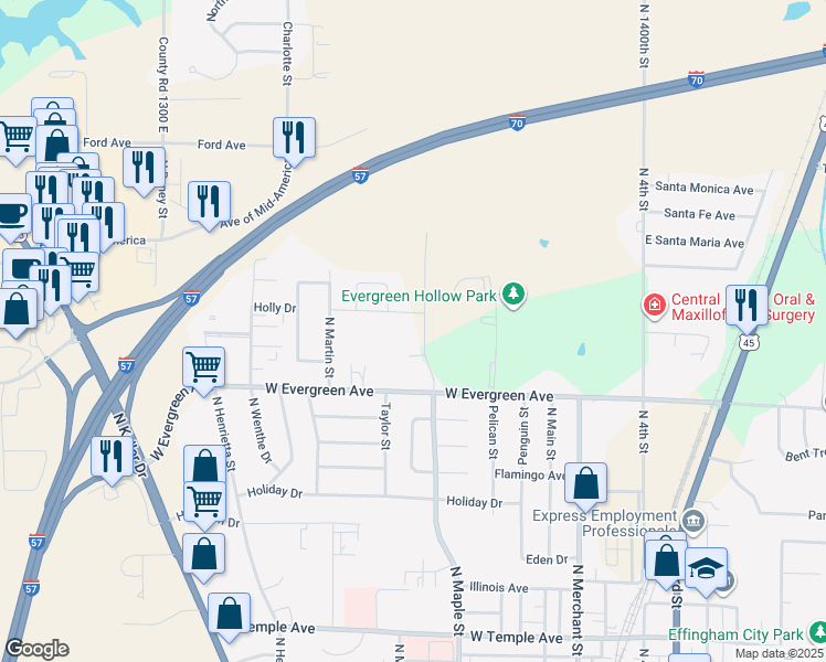 map of restaurants, bars, coffee shops, grocery stores, and more near 1203-1299 North Maple Street in Effingham