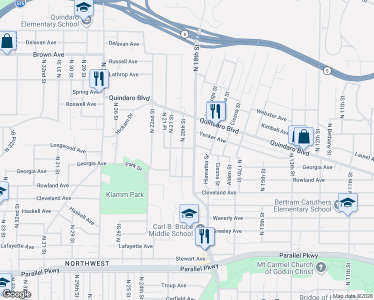 map of restaurants, bars, coffee shops, grocery stores, and more near 2648 North 18th Street in Kansas City