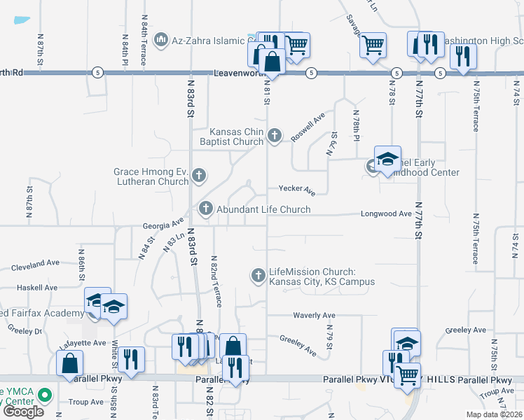 map of restaurants, bars, coffee shops, grocery stores, and more near 2704 North 81 Street in Kansas City