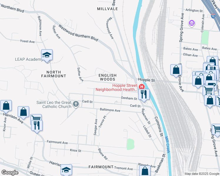 map of restaurants, bars, coffee shops, grocery stores, and more near 1738 Pulte St in Cincinnati