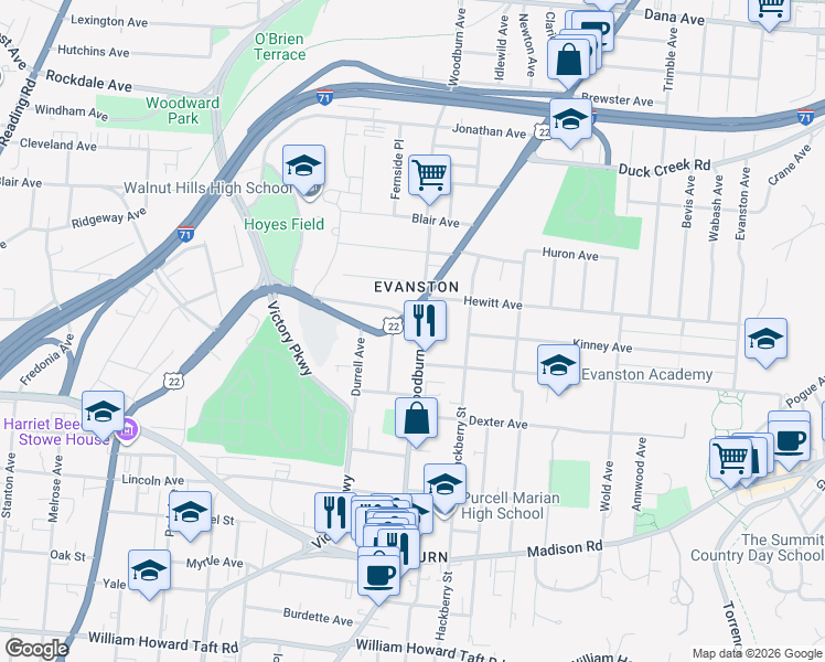 map of restaurants, bars, coffee shops, grocery stores, and more near 3204 Woodburn Avenue in Cincinnati