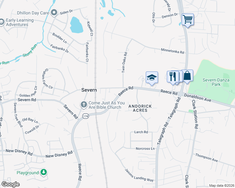 map of restaurants, bars, coffee shops, grocery stores, and more near 908 Reece Road in Severn