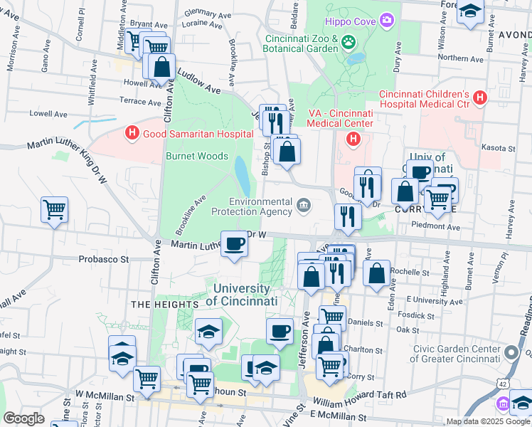 map of restaurants, bars, coffee shops, grocery stores, and more near 3130 Bishop Street in Cincinnati