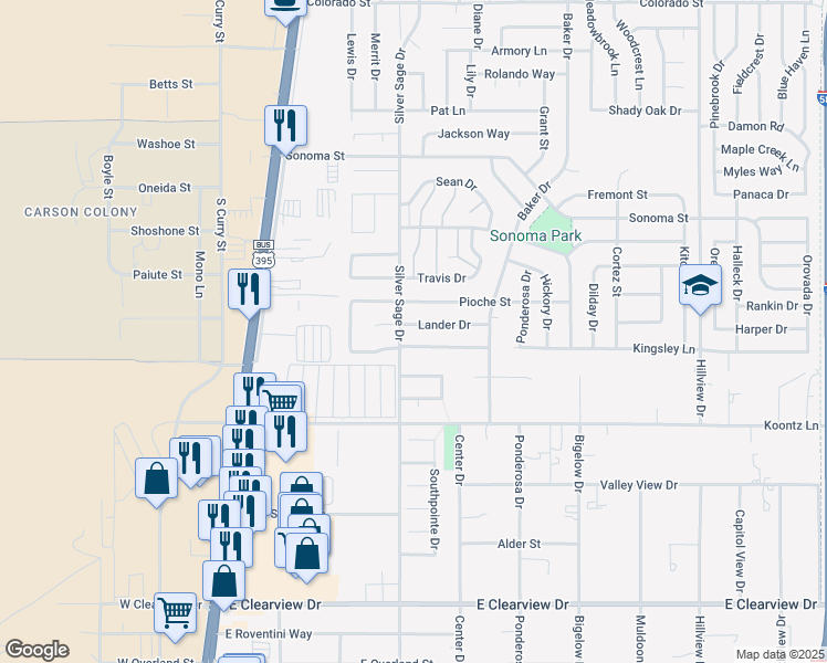 map of restaurants, bars, coffee shops, grocery stores, and more near 509 Lander Drive in Carson City