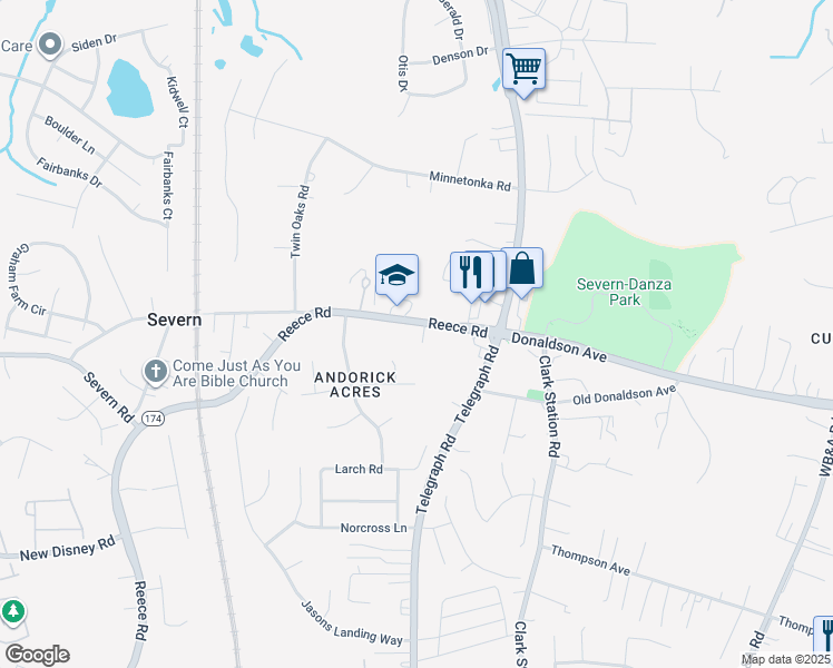 map of restaurants, bars, coffee shops, grocery stores, and more near 825 Reece Road in Severn