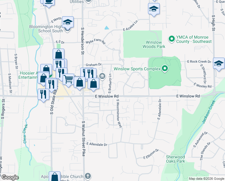 map of restaurants, bars, coffee shops, grocery stores, and more near 2496 South Burberry Lane in Bloomington