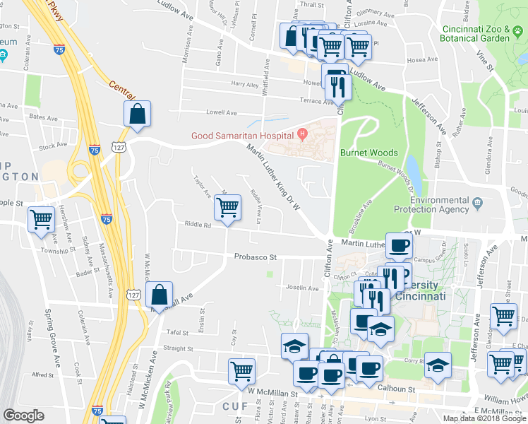 map of restaurants, bars, coffee shops, grocery stores, and more near 476 Riddle Road in Cincinnati