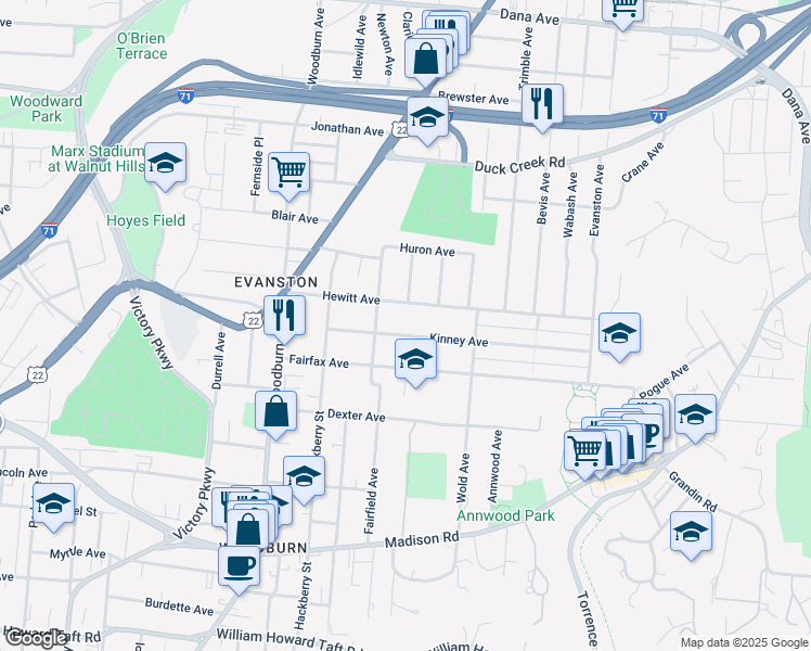 map of restaurants, bars, coffee shops, grocery stores, and more near 1824 Kinney Avenue in Cincinnati