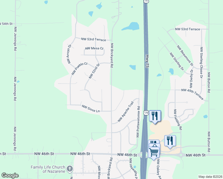 map of restaurants, bars, coffee shops, grocery stores, and more near 5008 Northwest Brickyard Road in Topeka