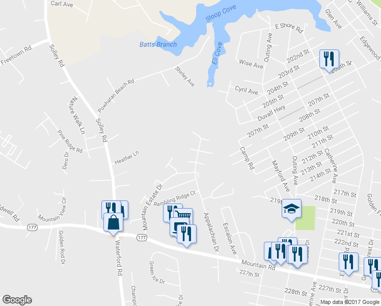 map of restaurants, bars, coffee shops, grocery stores, and more near 210 Quiet Ridge Court in Pasadena