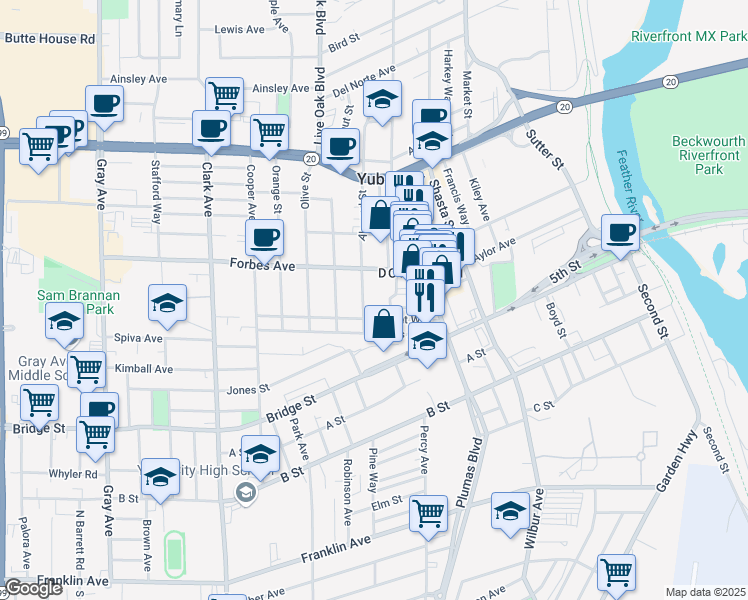 map of restaurants, bars, coffee shops, grocery stores, and more near 677 Almond Street in Yuba City