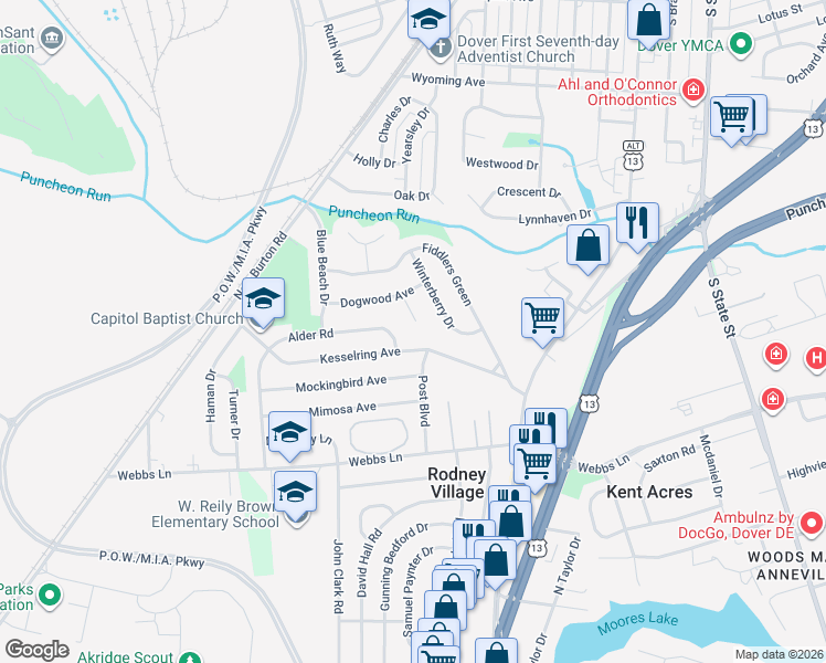 map of restaurants, bars, coffee shops, grocery stores, and more near 10 Dogwood Court in Dover