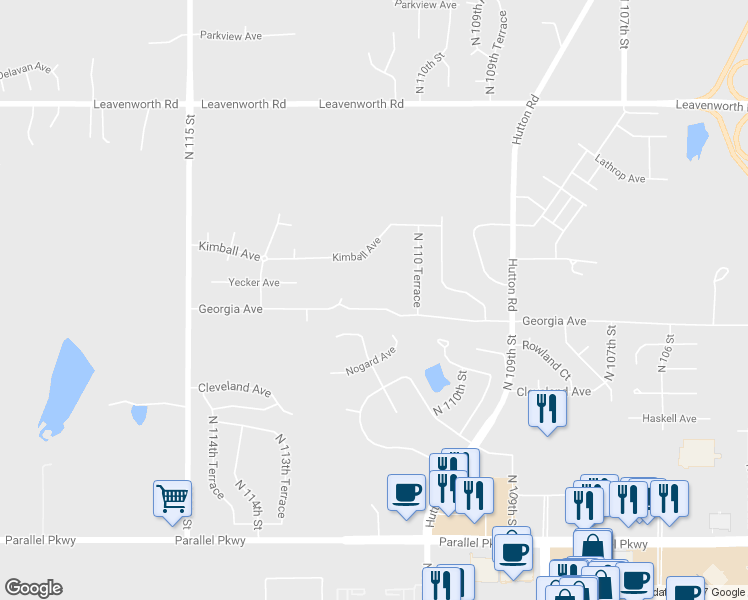 map of restaurants, bars, coffee shops, grocery stores, and more near 11124 Georgia Avenue in Kansas City