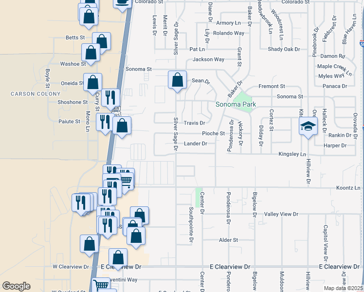map of restaurants, bars, coffee shops, grocery stores, and more near 509 Lander Drive in Carson City