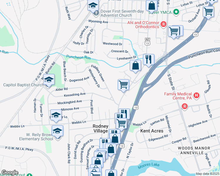 map of restaurants, bars, coffee shops, grocery stores, and more near 277 Fiddlers Green in Dover