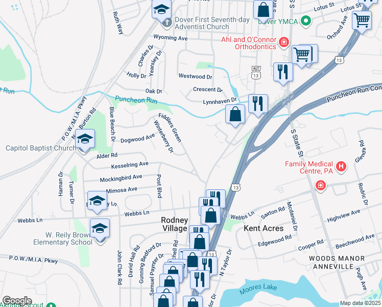map of restaurants, bars, coffee shops, grocery stores, and more near 277 Fiddlers Green in Dover