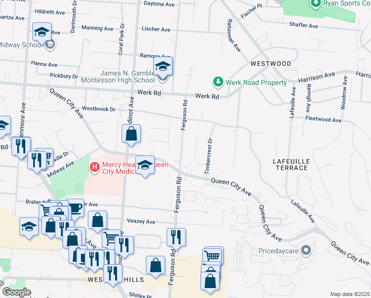map of restaurants, bars, coffee shops, grocery stores, and more near 2940 Ferguson Road in Cincinnati