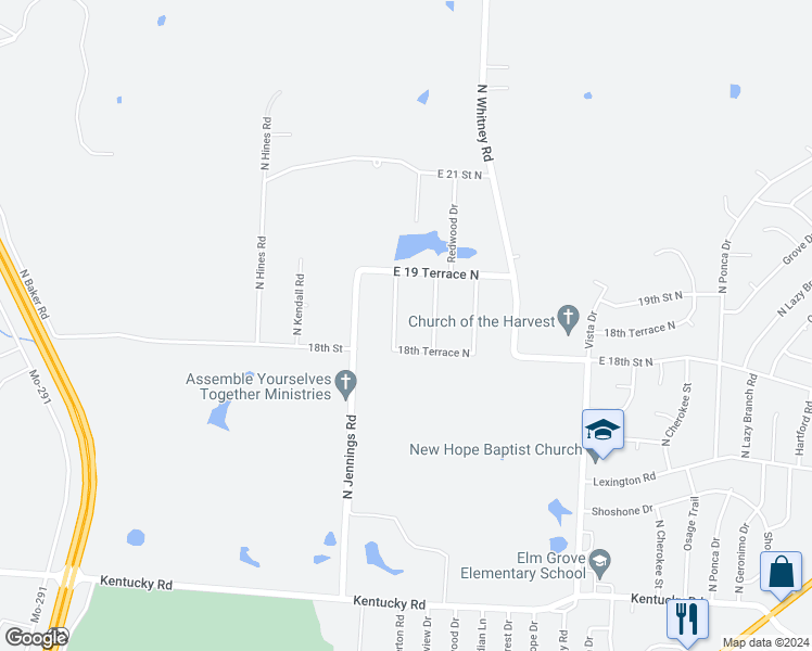 map of restaurants, bars, coffee shops, grocery stores, and more near 1809 North Davidson Street in Independence