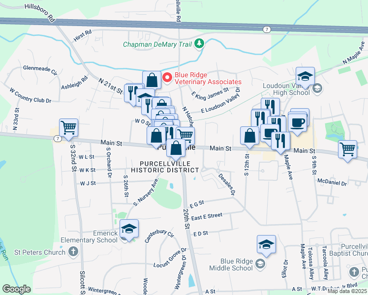 map of restaurants, bars, coffee shops, grocery stores, and more near in Purcellville