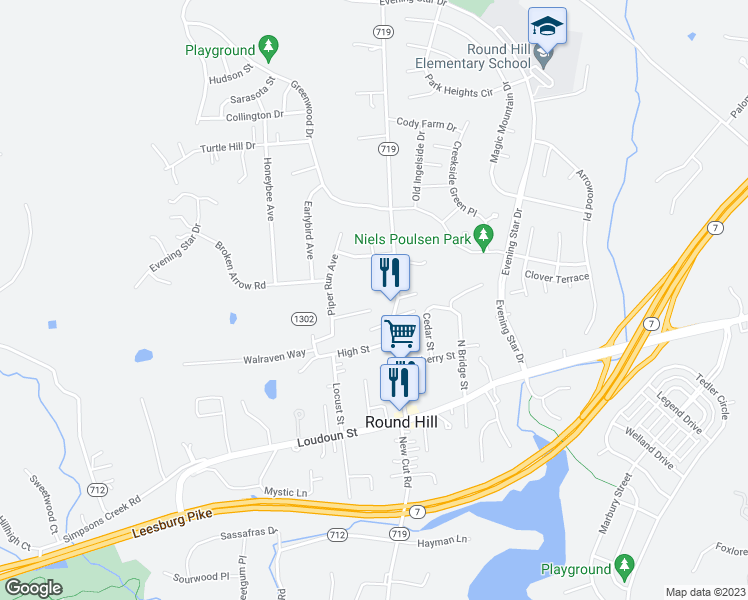 map of restaurants, bars, coffee shops, grocery stores, and more near 7 Mosby Court in Round Hill