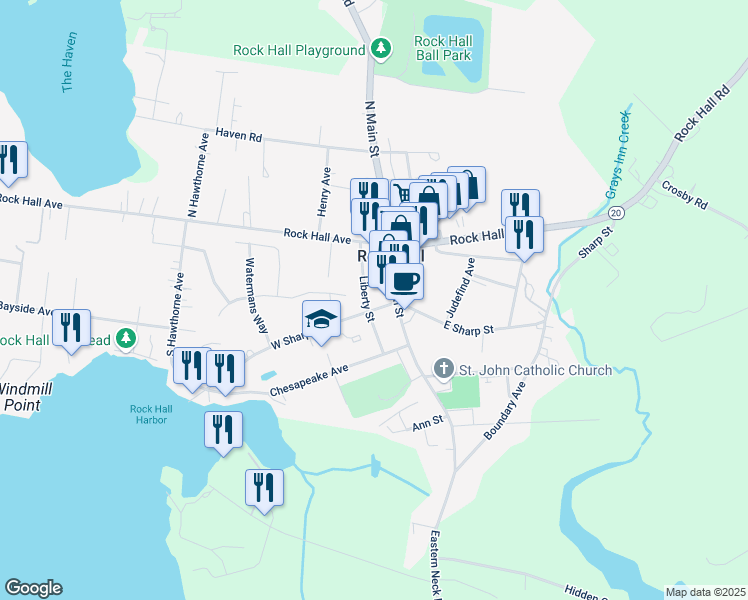 map of restaurants, bars, coffee shops, grocery stores, and more near 5745 Liberty Street in Rock Hall