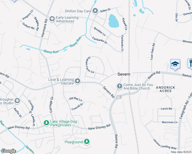 map of restaurants, bars, coffee shops, grocery stores, and more near 1412 Bush Road in Severn