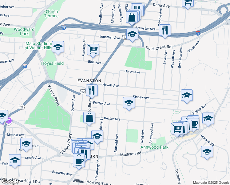 map of restaurants, bars, coffee shops, grocery stores, and more near 1734 Kinney Avenue in Cincinnati
